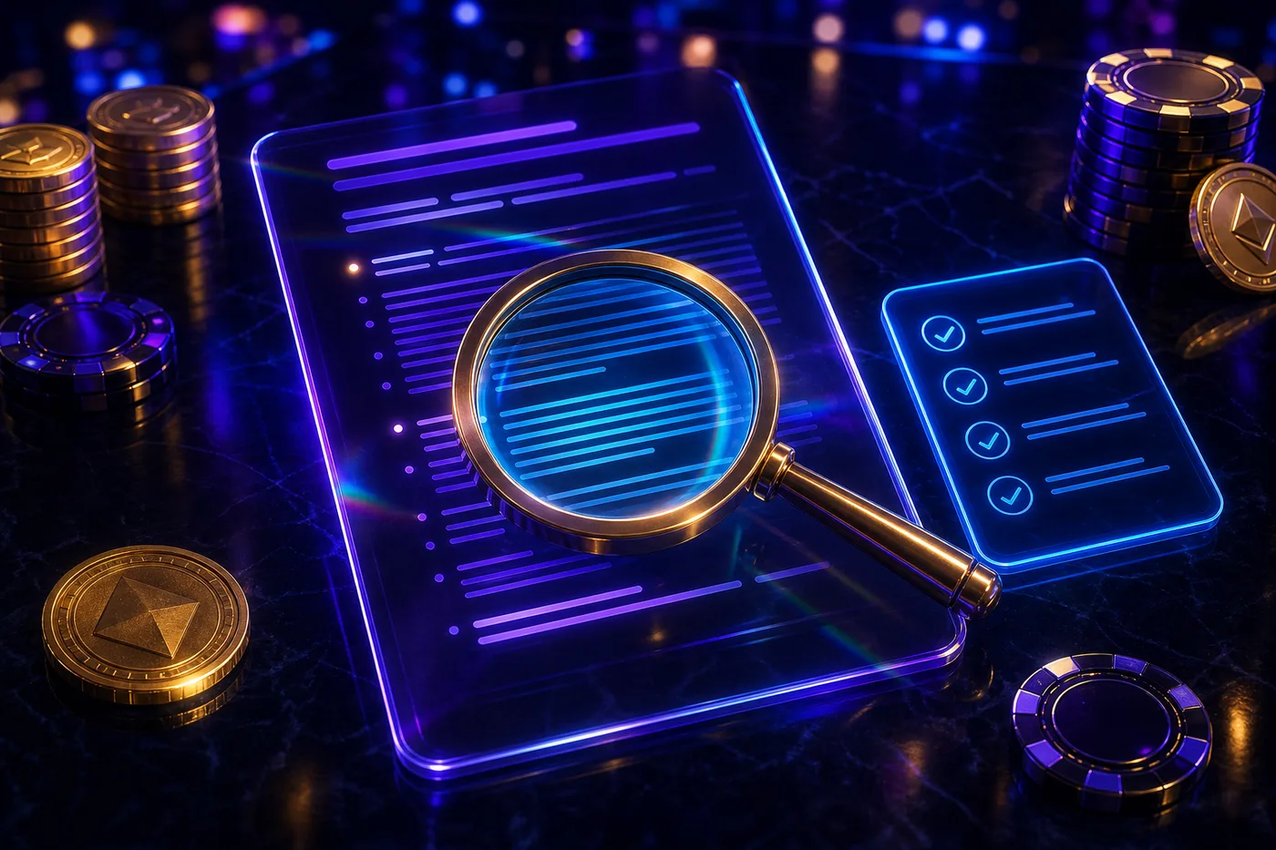 Bonus terms document with a checklist and magnifying glass