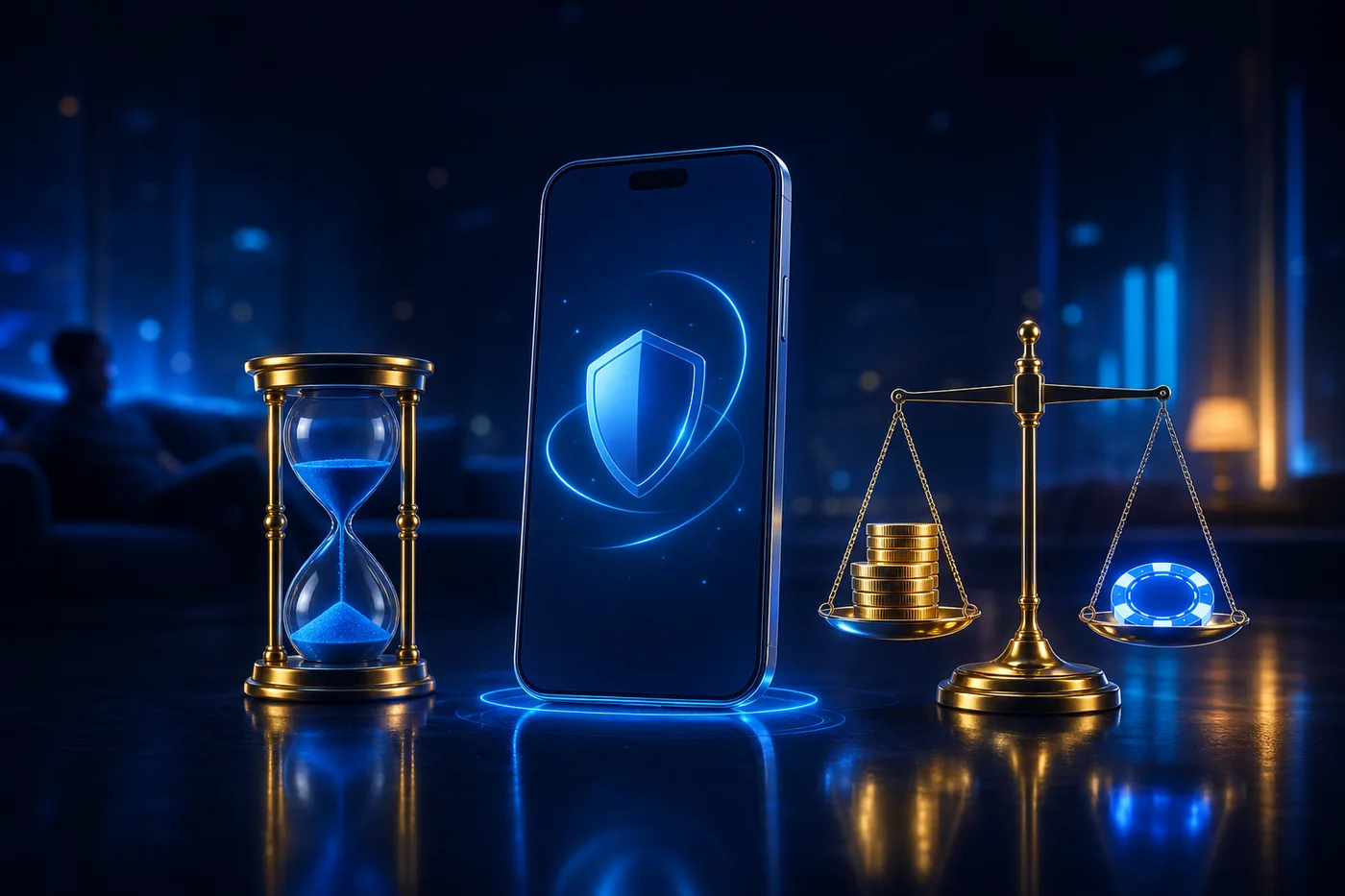 Person relaxing with a phone and a clock, symbolizing balanced and responsible play